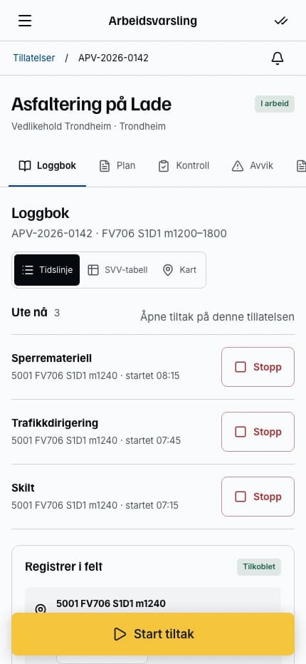 Loggboken på mobil viser tre tiltak ute på Lade, vegreferanse og knapper for start og stopp.