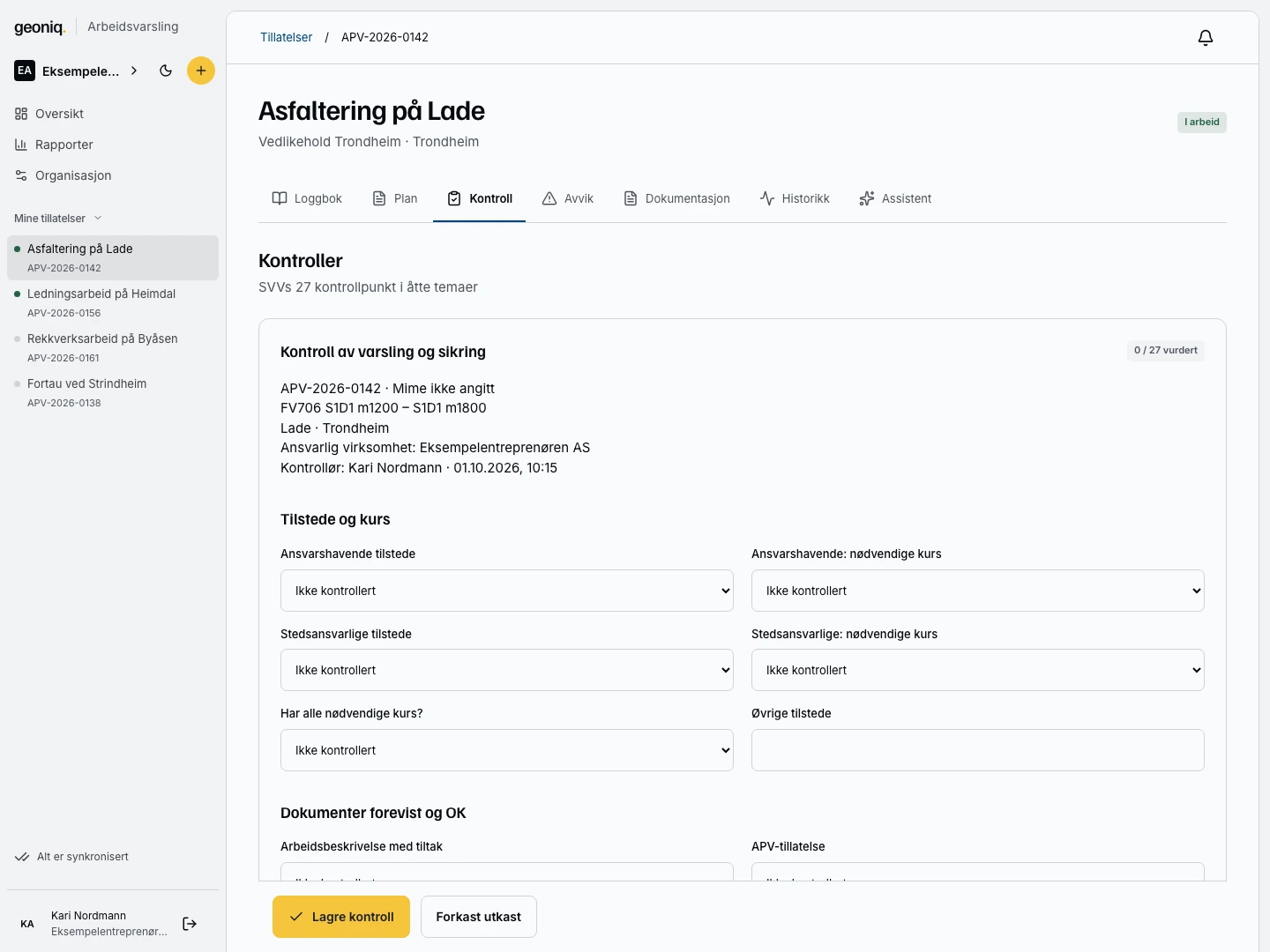 Kontroll i Geoniq Arbeidsvarsling med ansvarlige, dokumentasjon og kontrollpunkter knyttet til tillatelsen.