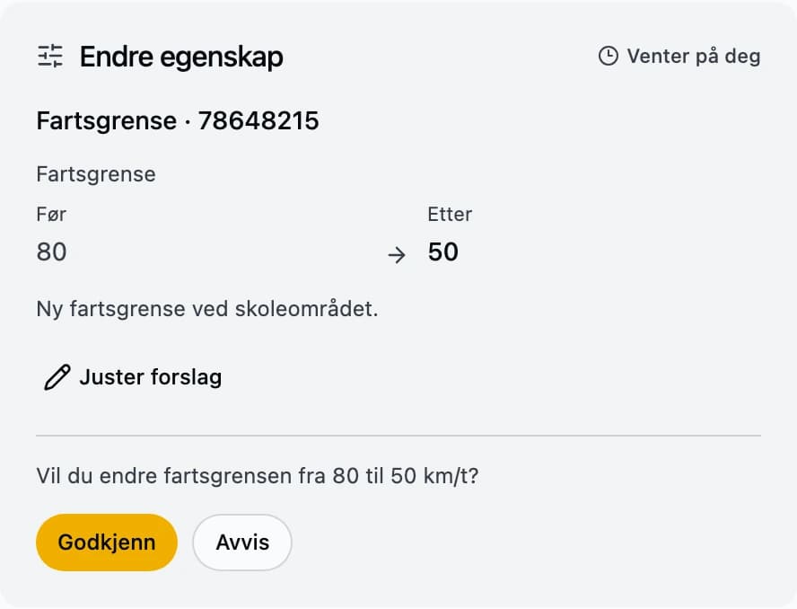 Brage AI foreslår å endre en fartsgrense fra 80 til 50 km/t. Før- og etterverdier vises sammen med handlingene Godkjenn og Avvis.