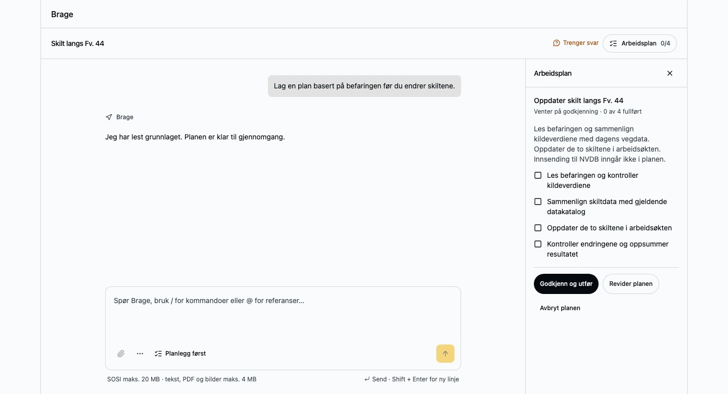 Brage AI med samtale og arbeidsplan for oppdatering av skilt langs Fv. 44. Planen venter på godkjenning.