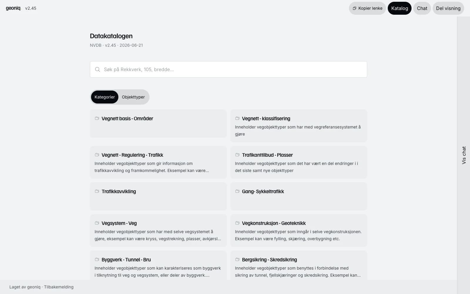 Datakatalogen med søk og kategorier for vegobjekttyper i NVDB.