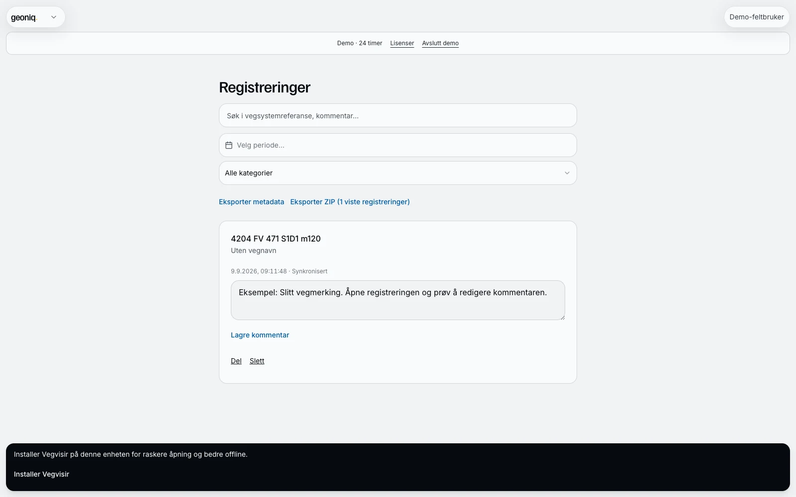 Registreringer i Vegvisirs demo med vegreferanser, tidspunkt og synkroniseringsstatus.